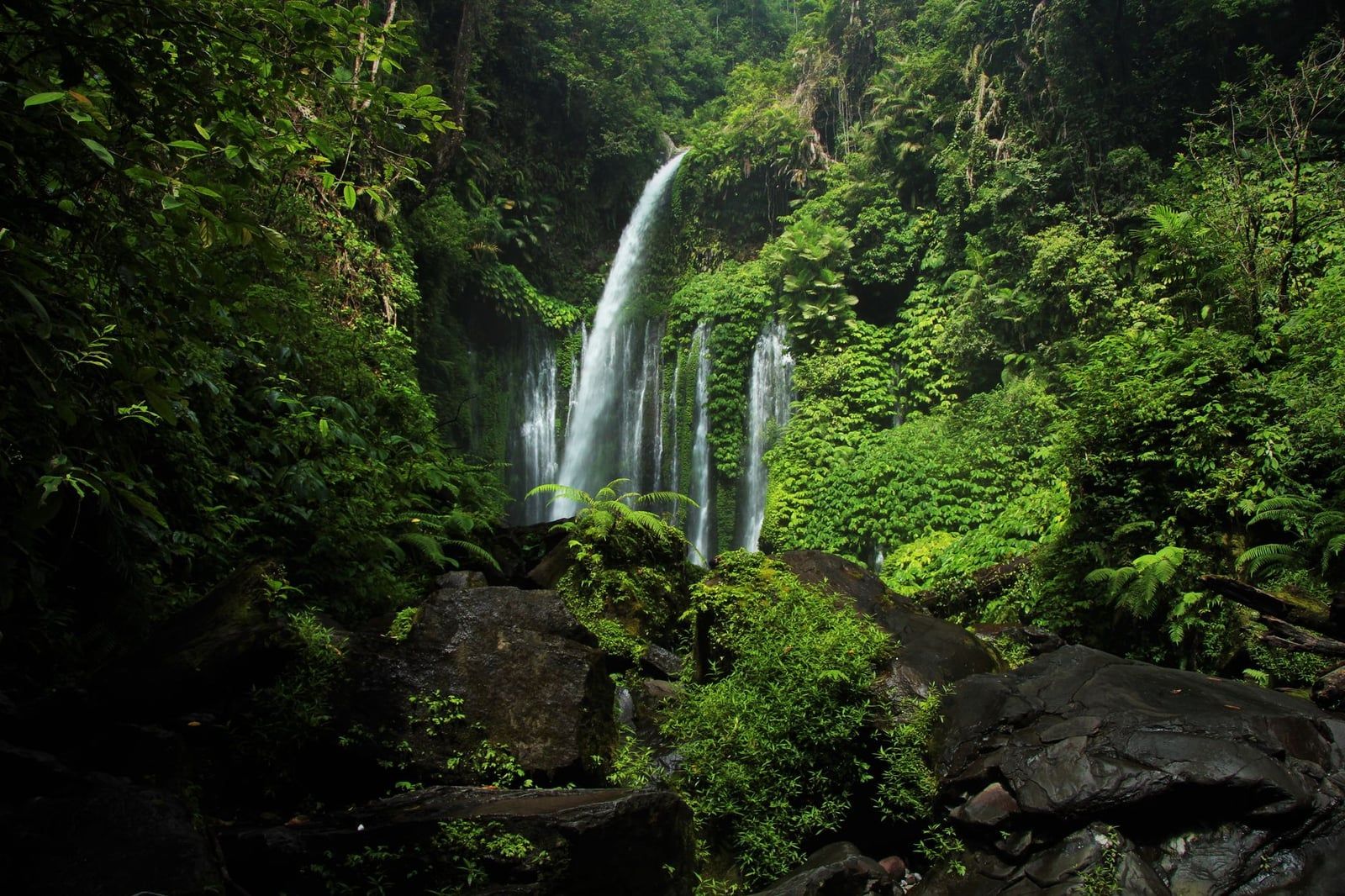 Tiu Kelep Waterfall cascading down a lush, green cliffside near Mount Rinjani in Lombok.